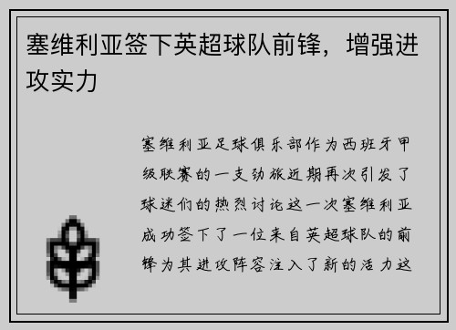 塞维利亚签下英超球队前锋，增强进攻实力
